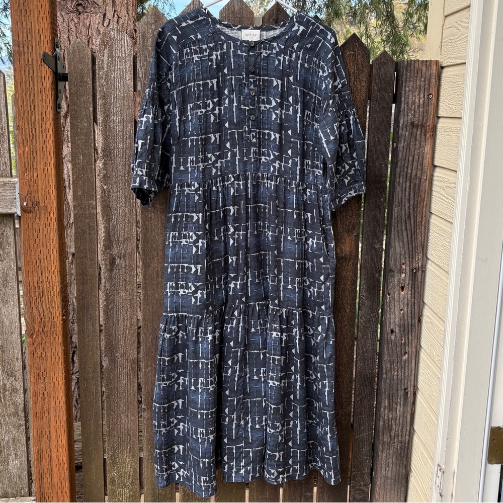 Wrap London 100% Linen Tiered Dress In Blue Print Sz 8